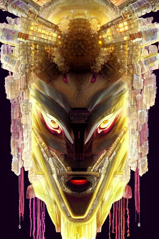 Image similar to asura from chinese myth, ghost, gorgeous and huge head ornaments, dystopian, cyberpunk, organic fractal mycelum and fungi, mecha, halfturn portrait of a big crystal face made of crystals half - turn, ominous, intricate, studio, art by anthony macbain + greg rutkowski + alphonse mucha, concept art, 4 k, sharp focus