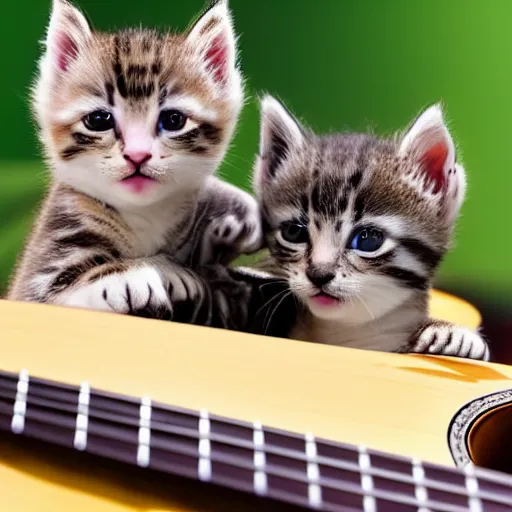 Image similar to an amazing award winning photo of kittens playing guitar, very detailed and sharp, 4k hdr, masterpiece