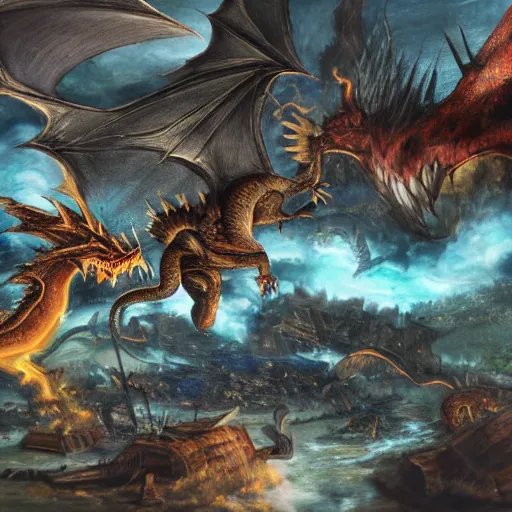 Image similar to photo of dragons fighting over a destroyed village