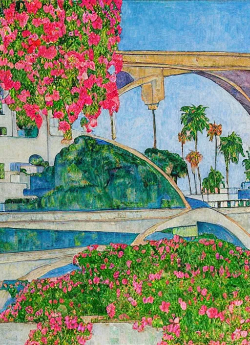 Image similar to ahwaz city in iran with a big modern arch bridge on local river, 3 boat in river, 2 number house near a lot of palm trees and bougainvillea, hot with shining sun, painting by egon schiele