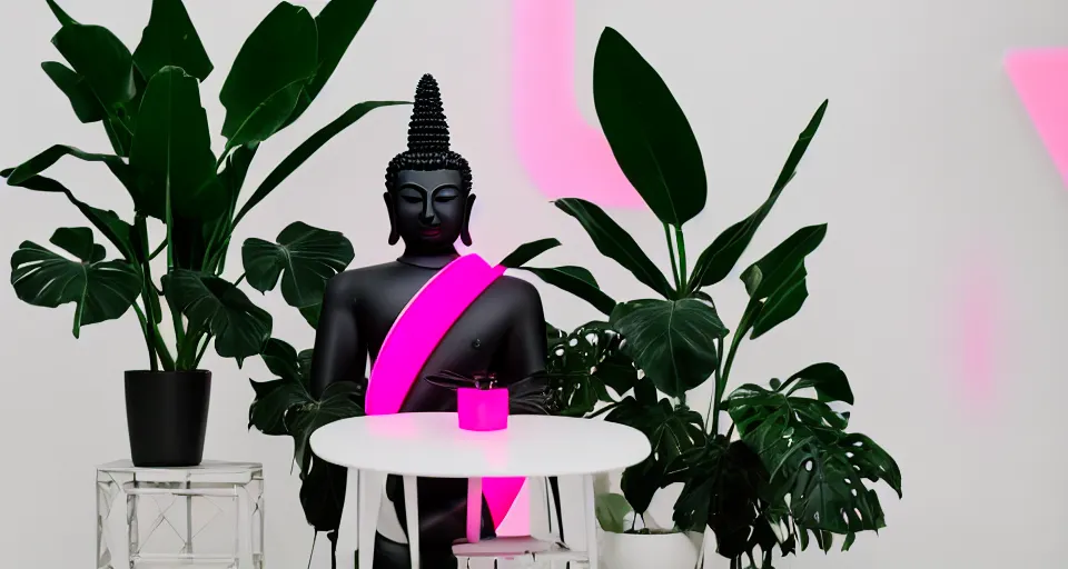 Image similar to Large format landscape of a black buddha sitting on a plastic chair, in a white exhibition space next to a neon pink light and a tropical plant, medium format camera, 85mm f1.8, bokeh, sharp focus, detailed, centered, interior design photoshoot,