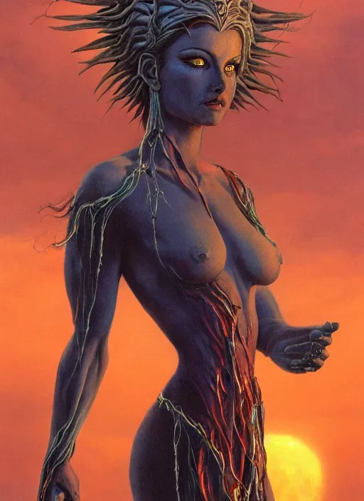 Image similar to biblical beautiful female druid android, shiva, storm, glowing veins, in clouds, sunset, portrait by wayne barlowe, by peter elson, muted colors, by frank frazetta, extreme detail, reflections, trending on artstation, 8 k