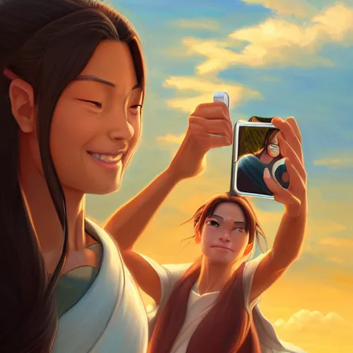 Image similar to beautiful serene intricate portrait of katara and toph beifong taking a selfie, smiling softly, relaxing on the beach, golden hour, soft focus, 8 k, art by irakli nadar, hyperrealism, hyperdetailed, ultra realistic