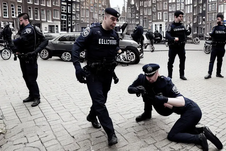 Prompt: photography of an ethereum developer being arrested by in amsterdam for writing a smart contract, robert capa