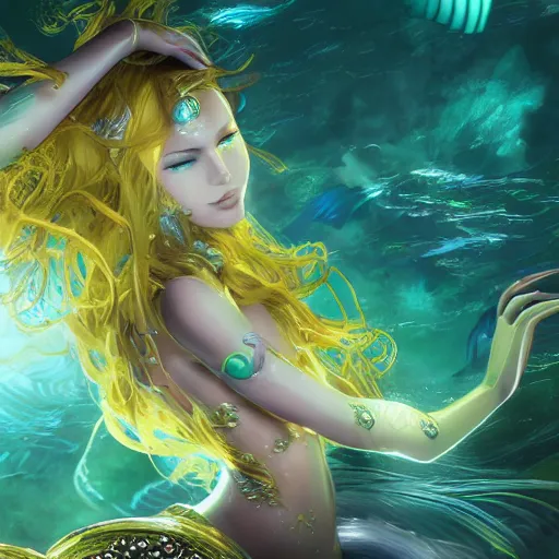 Image similar to highly detailed portrait of a metallic futuristic mermaid under the sea by Akihiko Yoshida, Greg Tocchini, 4k resolution, hearthstone inspired, sea green, yellow, blue, white, coral and black color scheme with graffiti