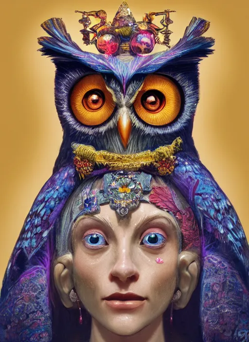 Image similar to an anthropomorphic beautiful goddess female wizard made of owl portrait holding a staff wearing colourful robe, fine art, award winning, intricate, elegant, sharp focus, octane render, hyperrealistic, cinematic lighting, highly detailed, digital painting, 8 k concept art, art by jamie hewlett and z. w. gu, masterpiece, trending on artstation, 8 k