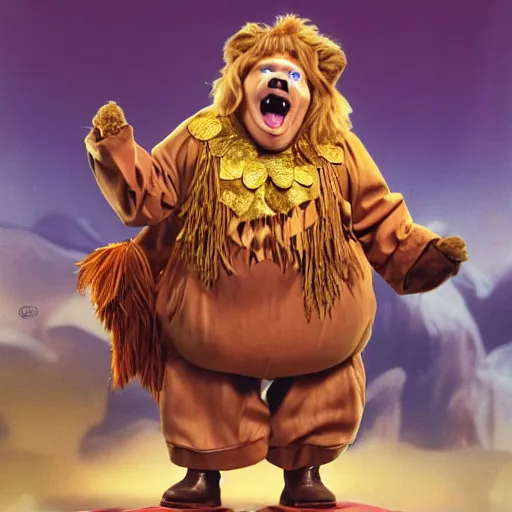 Image similar to snl chris farley as the cowardly lion of oz, studio poster photography, trending on artstation, featured on deviantart, award winning costume