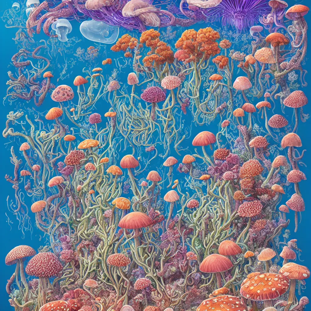 Image similar to highly detailed illustration of all the known species of plants, flowers, corals, mushrooms and jellyfish by juan gatti, by makoto shinkai, by moebius!, by oliver vernon