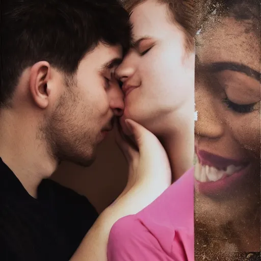 Prompt: In this collage a young couple is shown in a passionate embrace. The woman's face is hidden by the man's shoulder, but her eyes are visible and they are filled with love and desire. The man's face is also hidden, but his hand is visible as it caresses the woman's cheek. The background is a blur of colors, but the focus is on the two lovers. They are surrounded by an aura of love and happiness, and it is clear that they are completely devoted to each other. cyber noir, rose by Andreas Rocha