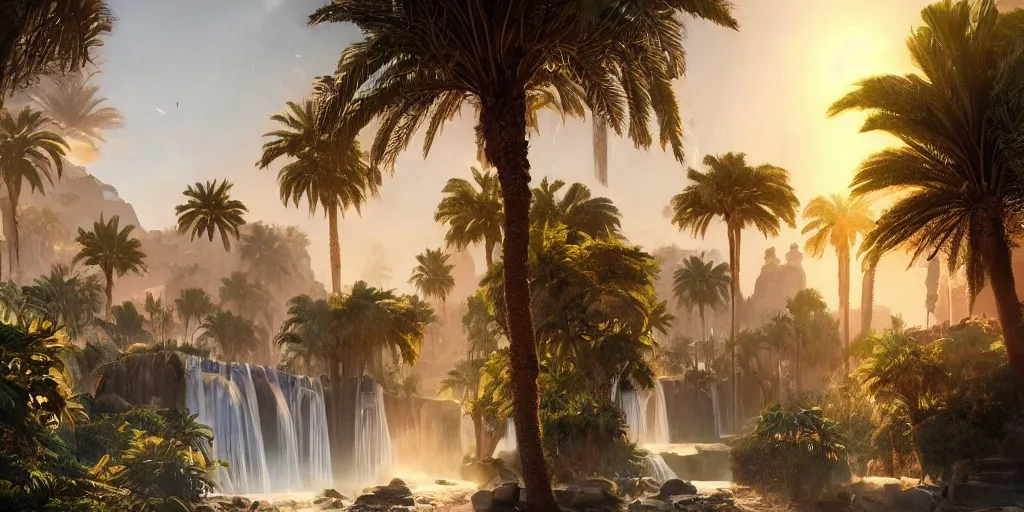 Image similar to beautiful oasis waterfalls surrounded by palm trees moroccan tile archways, date trees, ivory towers sunset peter morbacher ross tran angelarium greg rutkowski alchemy luxury heavenly light soft illumination, trending on artstation cinematic lighting digital painting octane render, artgerm