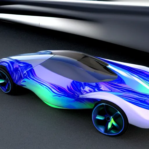 Image similar to concept car with wings and iridescent paint, octane, grandure, highly detailed, reflective marble floor