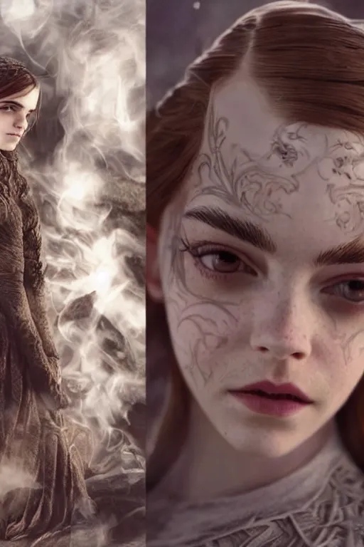 Image similar to a mix of of emma watson, anya taylor - joy and emma stone, evil sorceress elf, game of thrones scenes, hyperrealism, octane render, extremely detailed, intricate smoke magic, lace, style of mark ryden, earl nore, hyung tae, frank frazetta