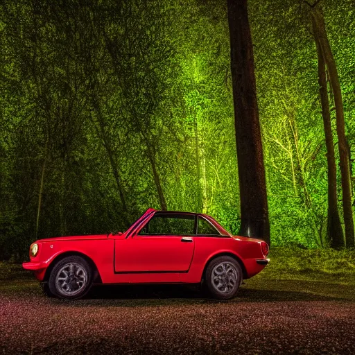 Image similar to fiat 1 2 4 in the dark forest, night, headlights are on, professional photography