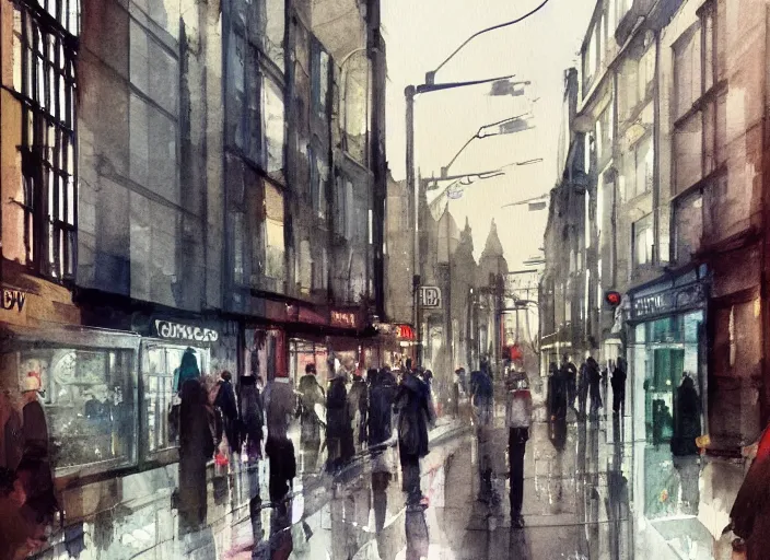 Image similar to concept art of street england city, pinterest, artstation trending, behance, watercolor, by coby whitmore *, silver, laser light *,