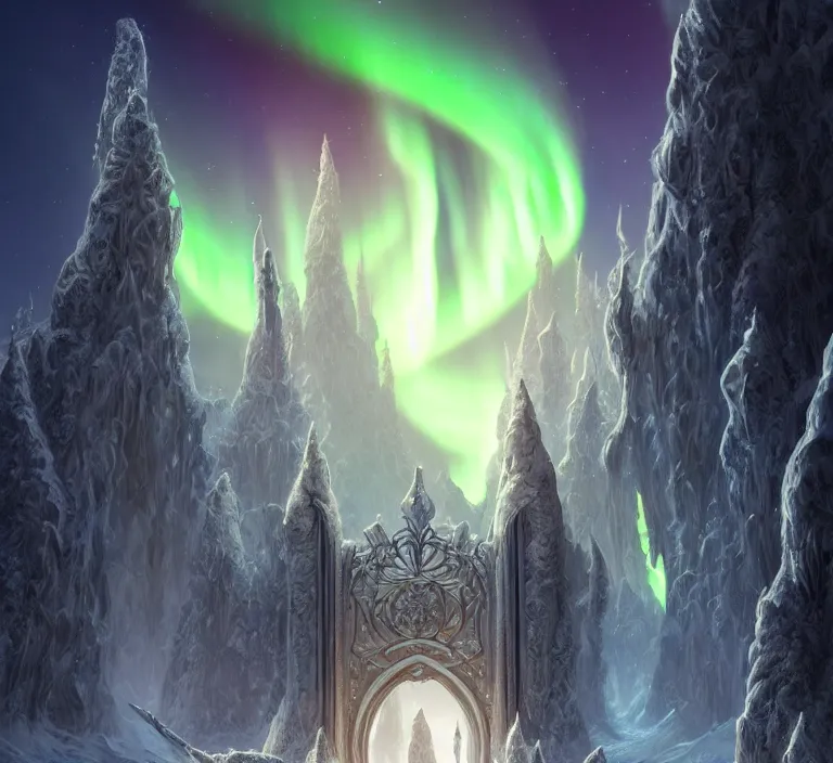 Image similar to a very detailed concept art of intricate and elven white gates to aurora borealis infused with magic, dynamic lighting trending on artstation, symmetry, digital art, 4 k, hyper realistic, octane render, sharp focus