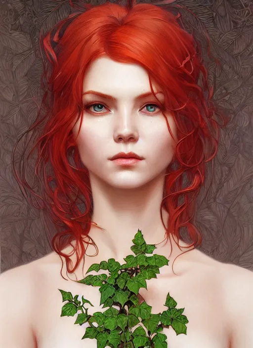 Image similar to symmetry!! poison ivy, machine parts embedded into face, intricate, elegant, highly detailed, digital painting, artstation, concept art, smooth, sharp focus, illustration, art by artgerm and greg rutkowski and alphonse mucha, 8 k