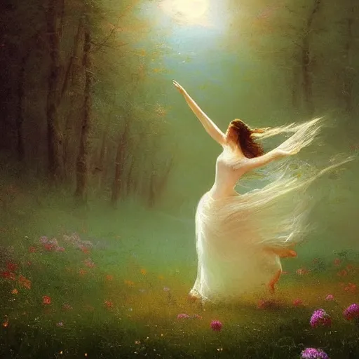 Prompt: the moonlit dance of the fae, dancers in white dancing across a flower meadow the moonlit dance by elena vizerskaya and ivan aivazovsky, perfectly detailed, artstation, sharp focus, highly detailed, studio photography, impresion de giclee arte abstracto, award winning