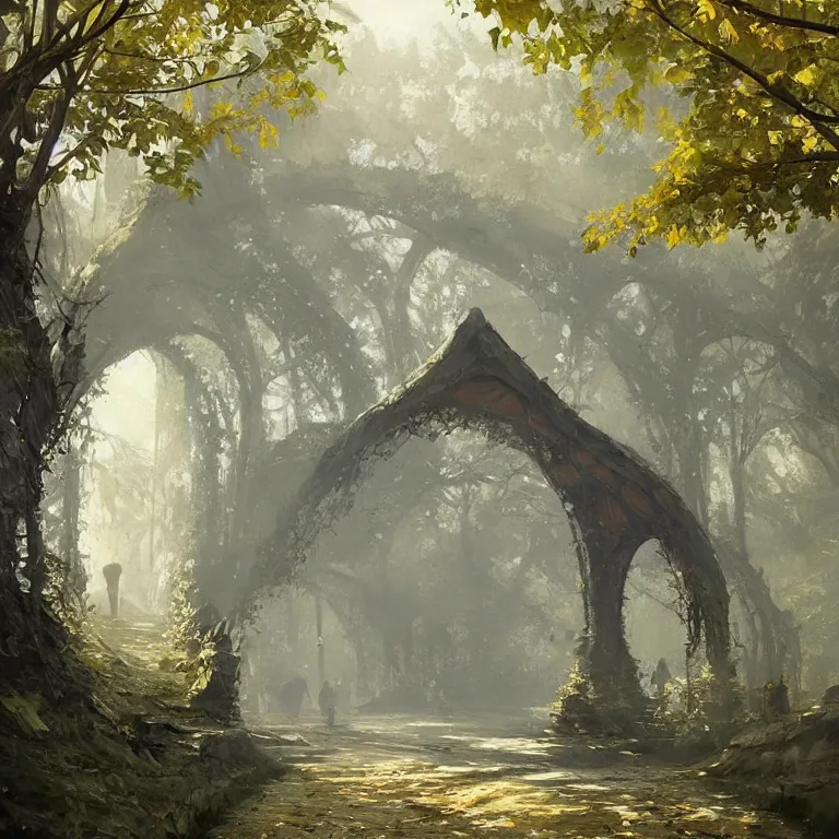 Prompt: leaf arch, intricate oil painting by greg rutkowski, trending on artstation