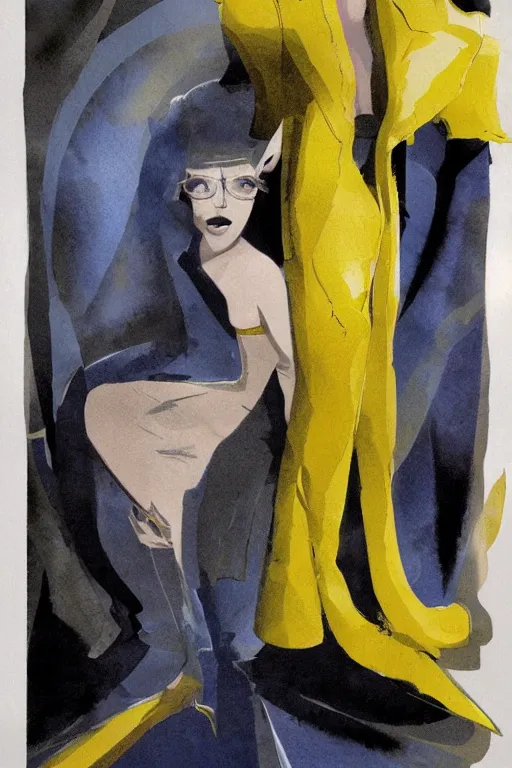 Image similar to Dakota Fanning with short blue hair wearing a yellow trenchcoat by Dave McKean