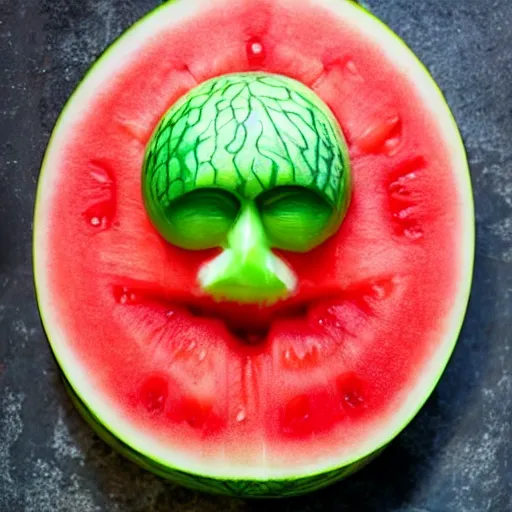 Image similar to a watermelon with the face of mike ehrmantraut carved into it. realistic photograph, intricate details