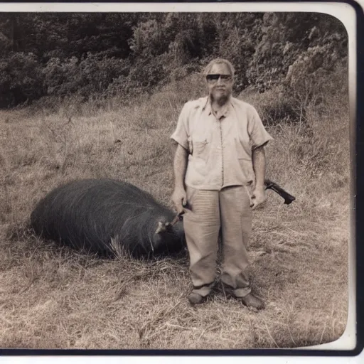 Prompt: old polaroid photo of an old man holding a rifle and standing proudly next to a giant capybara sleeping