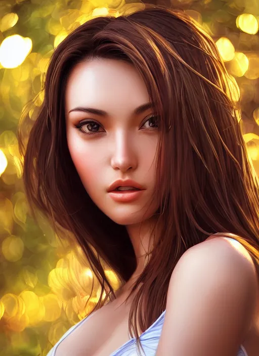 Image similar to photo of a gorgeous female in the style of stefan kostic, realistic, half body shot, sharp focus, 8 k high definition, insanely detailed, intricate, elegant, art by stanley lau and artgerm, extreme bokeh foliage