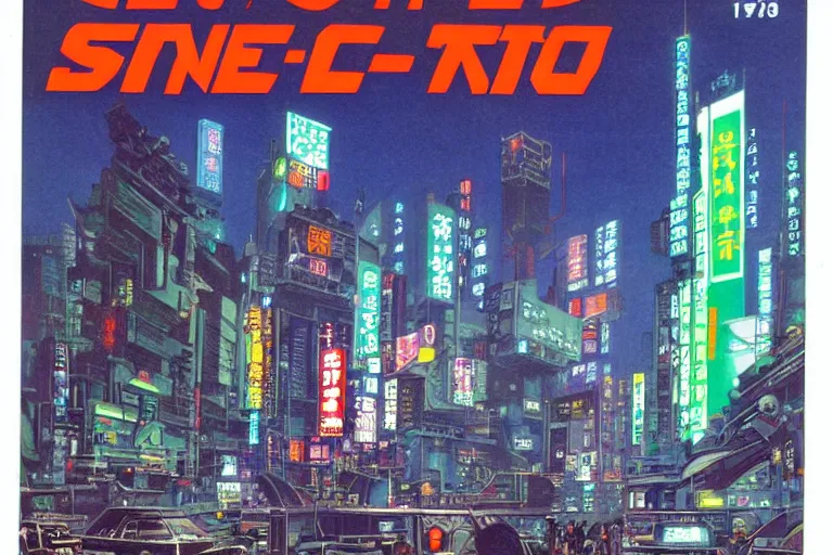 Image similar to 1979 Popular Science Magazine Cover of neo-Tokyo at street level, city in cyberpunk style by Vincent Di Fate