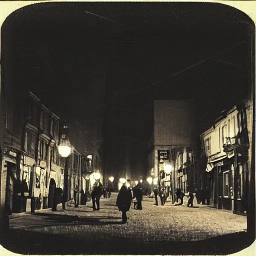 Image similar to a street level Polaroid of a steampunk victorian city street, with people walking on the streets, at night