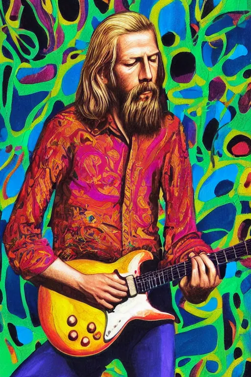 Prompt: a professional painting of Duane Allman, in brightly colored psychedelic shirt, playing a guitar, long hair, beautiful bone structure, symmetrical facial features, intricate, elegant, digital painting, concept art, smooth, sharp focus, illustration, William-Adolphe Bouguerea, epic, stunning, gorgeous, intricate detail, much wow, ultra realistic, photorealism, 4K, masterpiece, trending on artstation