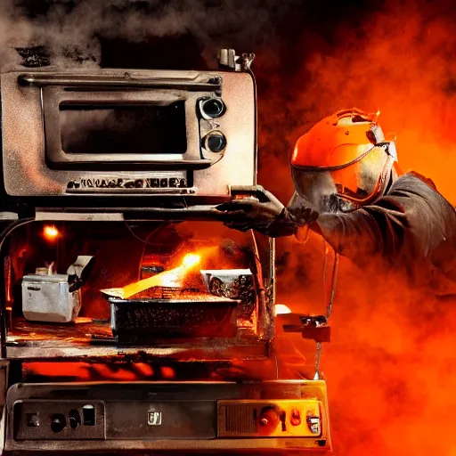 Image similar to cyborg toaster oven repairman, dark messy smoke - filled cluttered workshop, dark, dramatic lighting, orange tint, sparks, plasma rays, cinematic, highly detailed, sci - fi, futuristic, movie still