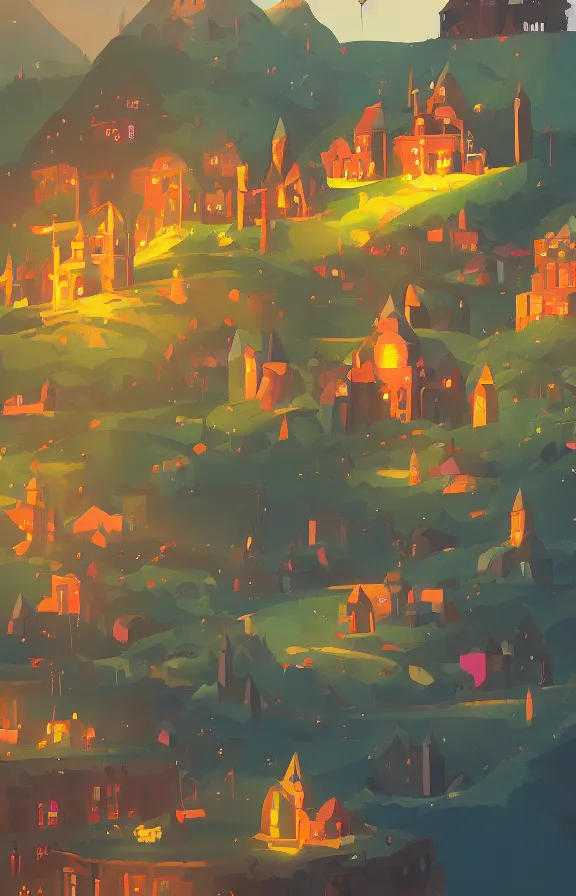 Prompt: magical school on a hill, sharp focus, james gilleard, zoomed in, print, game art