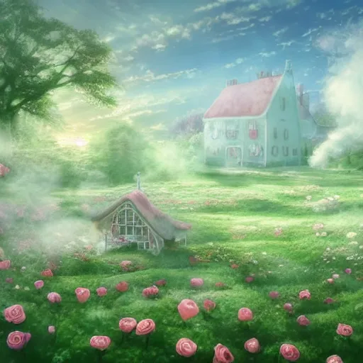 Image similar to a beautiful picture depicts a pale green fairy tale world, a strawberry cottage, white smoke and fairyland. lighting efects, cotton - like white clouds around the house, floating mist and gauze around the house, surrounded by roses, miyazaki hayao animation style, pastoral style, very detailed