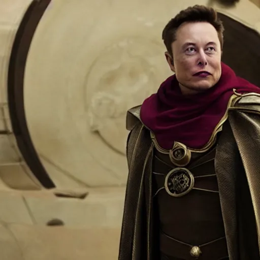 Prompt: Elon Musk as Emperor Shaddam IV wearing a lion cape, in Dune, directed gaze