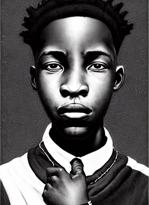 Prompt: portrait of a african teen boy with a crooked nose and a confident expression, 1 9 6 0 s, black clothes, goth, punk, brightly coloured hair, funk, intricate, elegant, highly detailed, digital painting, artstation, concept art, smooth, sharp focus, illustration, art by wlop, mars ravelo and greg rutkowski