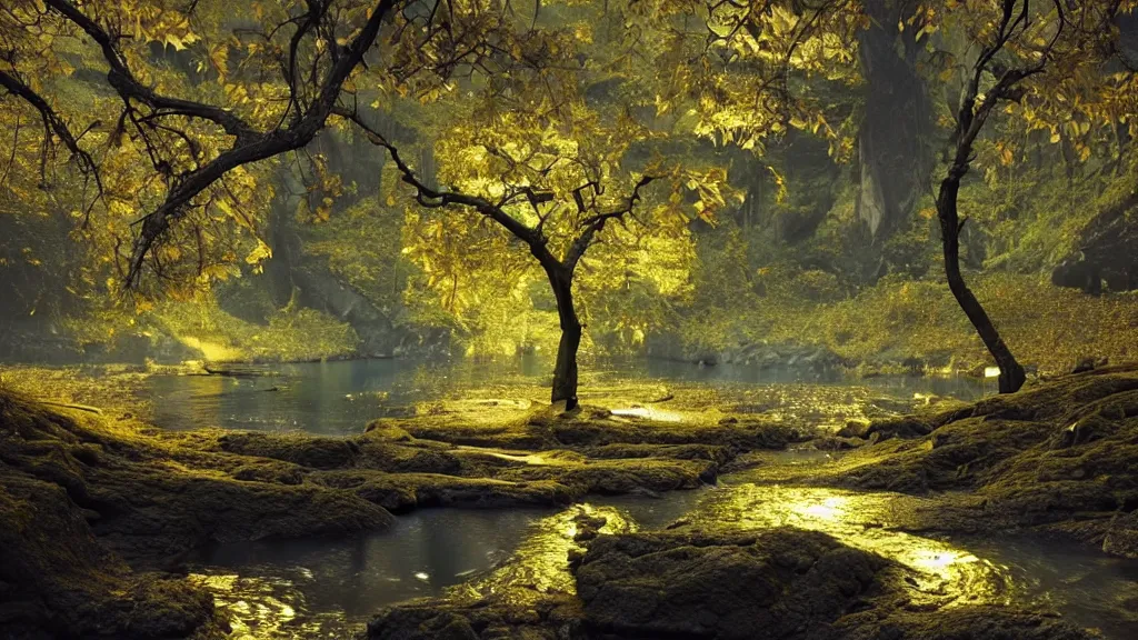 Image similar to A beautiful, highly detailed, very realistic oil painting of a single tree with lots of golden and bright glowing green leaves, next to a small river made of pure gold in the middle of a huge, very dark cave, with lots of dark grey rocks, oil painting by Greg Rutkowski.