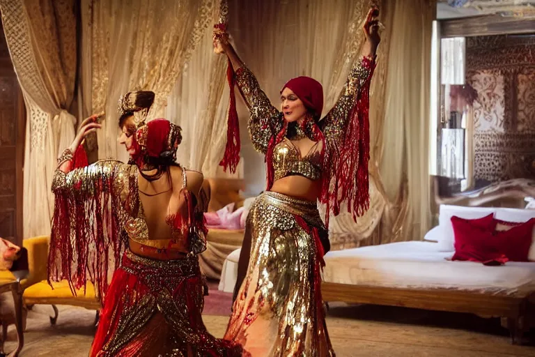 Image similar to cinematography belly dancers in decadent Hotel in India by Emmanuel Lubezki