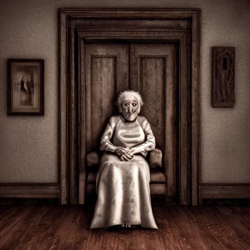 Image similar to a highly detailed photographic render of a creepy old woman in a dark room, haunted living room, horror, bloody, ghost, creepy, cinematic lighting, cinematic scene, Volumetric lighting, Atmospheric scene, Dark, Horror, Atmospheric lighting, Global illumination cinematic render, film, beautifully lit, ray traced, octane 3D render, octane render, unreal engine