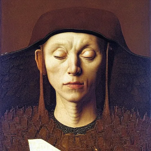 Image similar to portrait of a dramatic parot suffering, painting by Jan van Eyck,