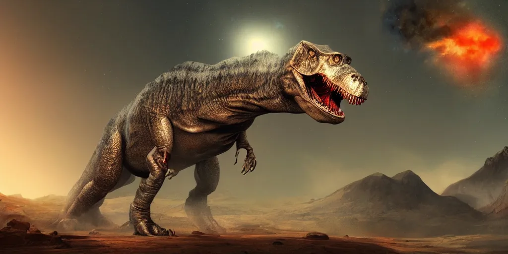 T-rex running from an asteroid