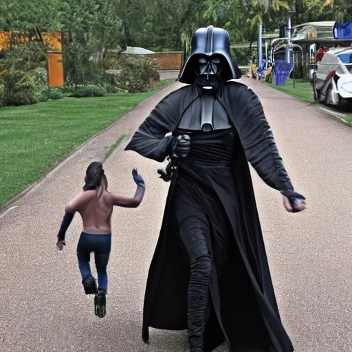 Prompt: female darth mother running away