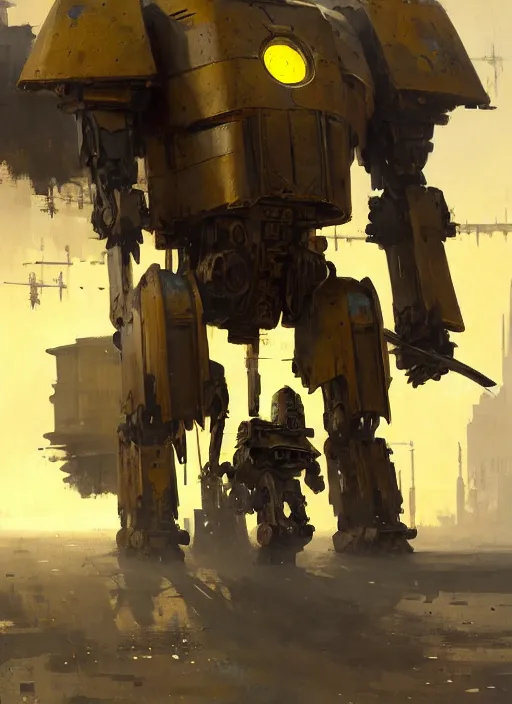 Image similar to human-sized strong intricate yellow pit droid carrying very detailed perfect antique great sword and beautiful large paladin shield, pancake short large head, exposed metal bones, painterly humanoid mecha, slightly far away, by Greg Rutkowski, epic painting