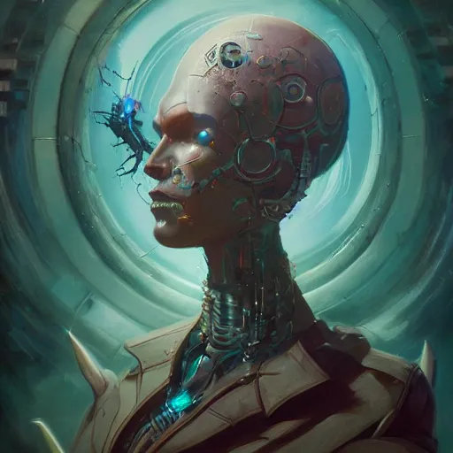 Prompt: portrait of a cybernetic occult leader, cyberpunk concept art by pete mohrbacher and seb mckinnon and beksinski and josan gonzales, digital art, highly detailed, intricate, sci-fi, sharp focus, Trending on Artstation HQ, deviantart, unreal engine 5, 4K UHD image