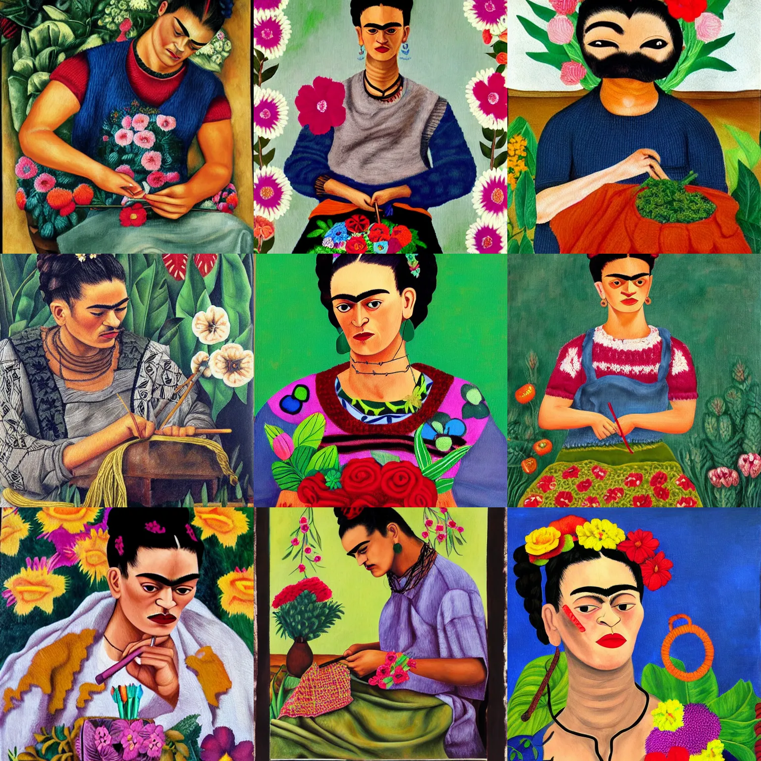 Prompt: frida kahlo style painting a man knitting a sweater made out of flowers