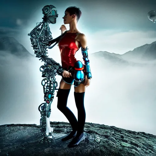 Image similar to breathtaking symbiosis of man and cyborg, beautiful girl, 3 d, ultra nd, 4 k, detailing