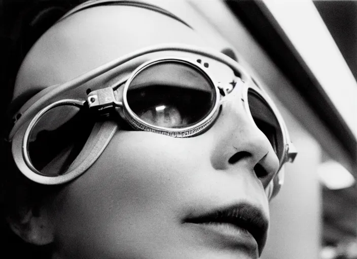 Image similar to close - up portrait of a beautiful woman wearing a choker and welding goggles, in a subway, richard avedon, tri - x pan