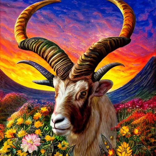 Image similar to painting by senior concept artist josephine wall, horned ram goddess checking her cell phone, erupting volcano and sunset in distance, flowers in foreground, zodiac, fantasy, acrylic on canvas, intricately detailed, highly detailed, high resolution, hdr, 8 k, trending on artstation