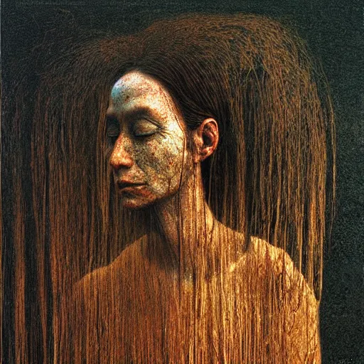 Prompt: portrait of 5000 years old girl, painting by Beksinski