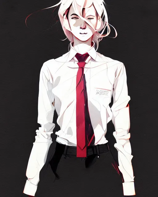 Image similar to a ultradetailed full body portrait of a woman dressed in a white shirt with a tie, detailed face, by conrad roset, greg rutkowski and makoto shinkai trending on artstation