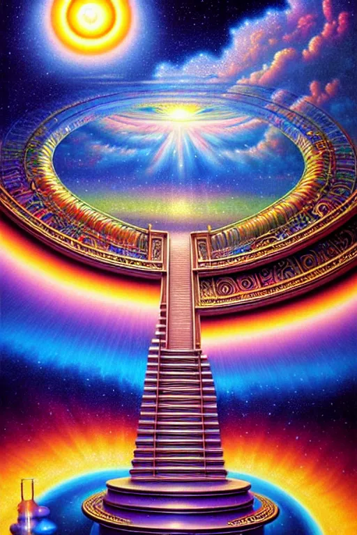 Prompt: a photorealistic detailed cinematic image of a beautiful vibrant iridescent future for human evolution, spiritual science, divinity, utopian, beautiful being, enlightenment, cumulus clouds, ornate spiral stairs, isometric, by david a. hardy, kinkade, lisa frank, wpa, public works mural, socialist