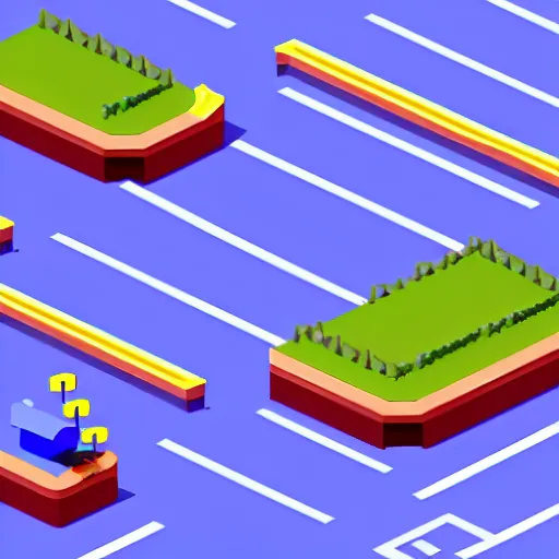 Prompt: isometric top-down driving game, hilly track, jumps, obstacles on the road, isometric, arcade, retro, mame, pixel graphics, tube display filter